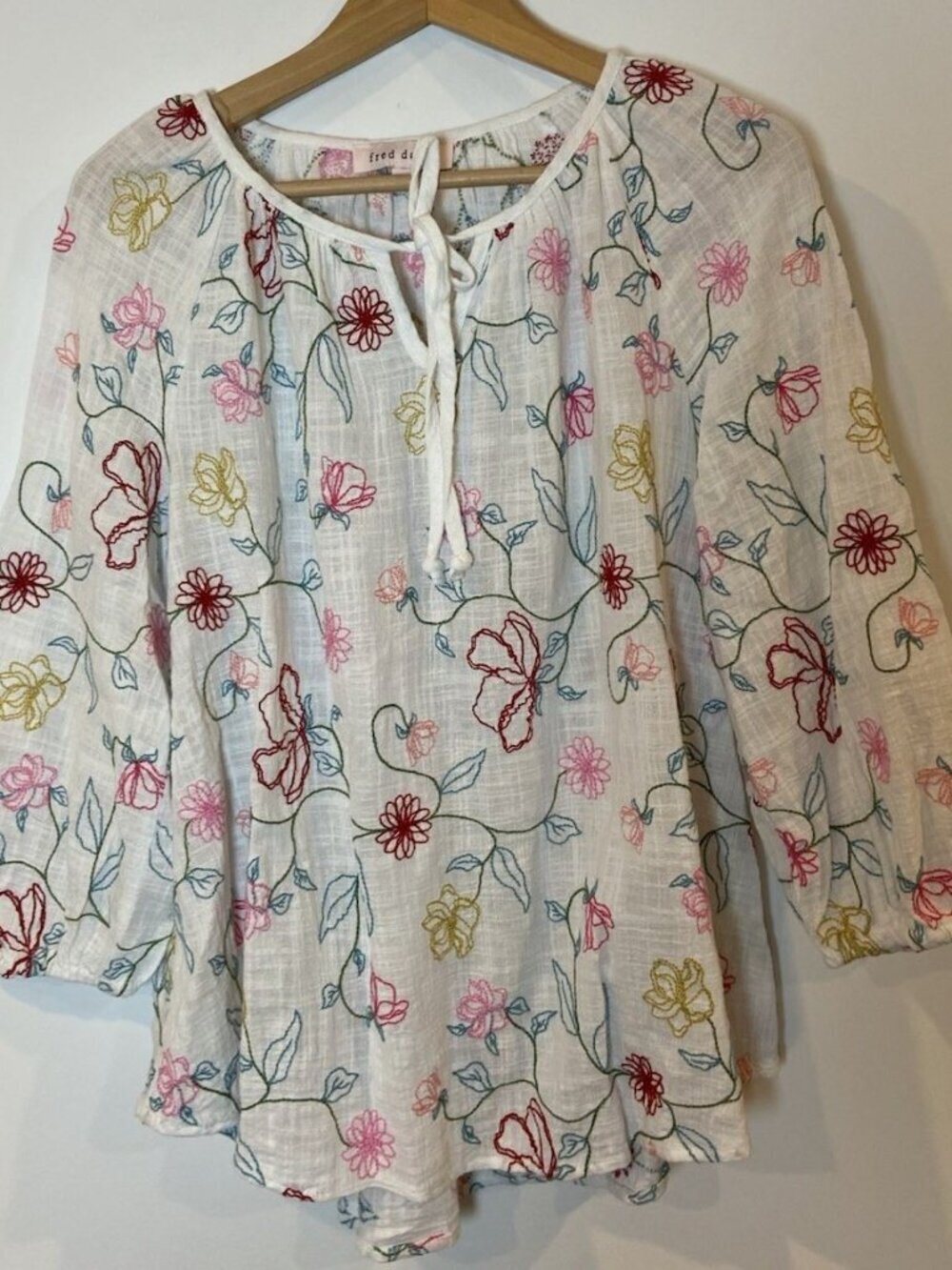 Fred David Shirt Blouse Boho Gauze Embroidery White Multi Medium M